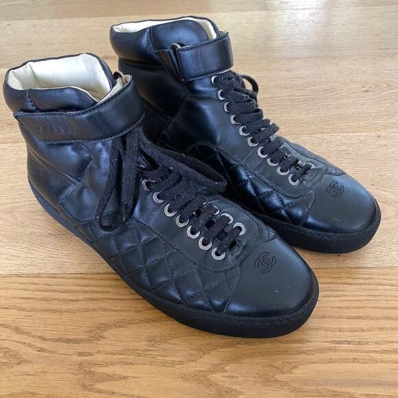 Chanel Quilted Hi Top Strap Sneakers in Black - Picture 1 of 13